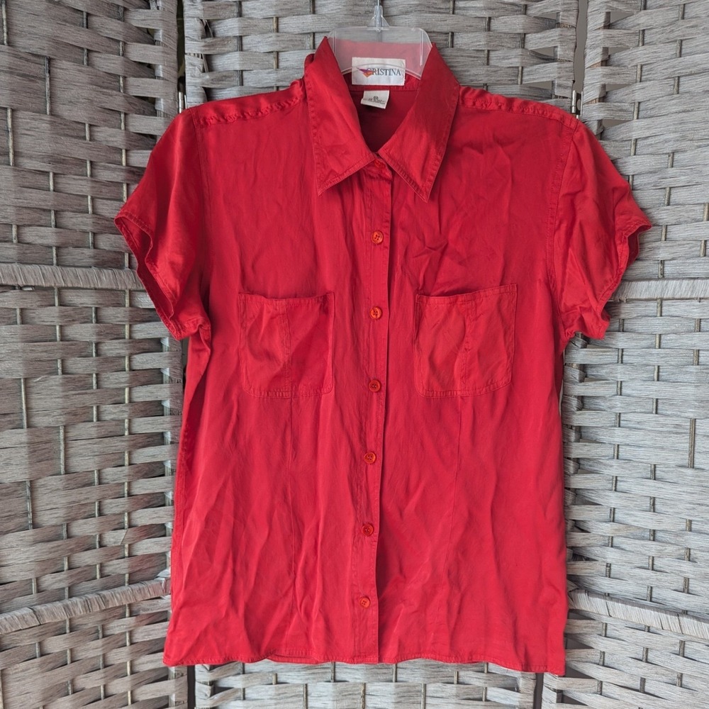 Vtg Cristina Red 100% Silk Short Sleeve Button Up Shirt Size M Capsule Classic